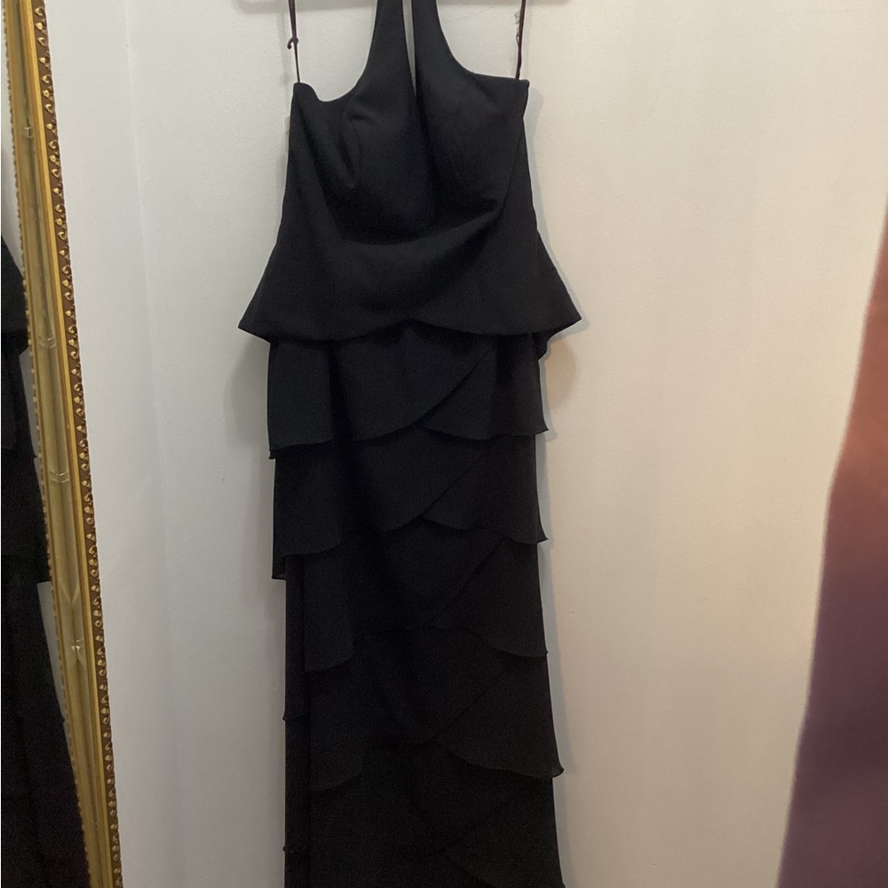 Jovani, vintage halter dress with ruffle layers, black, size 14,